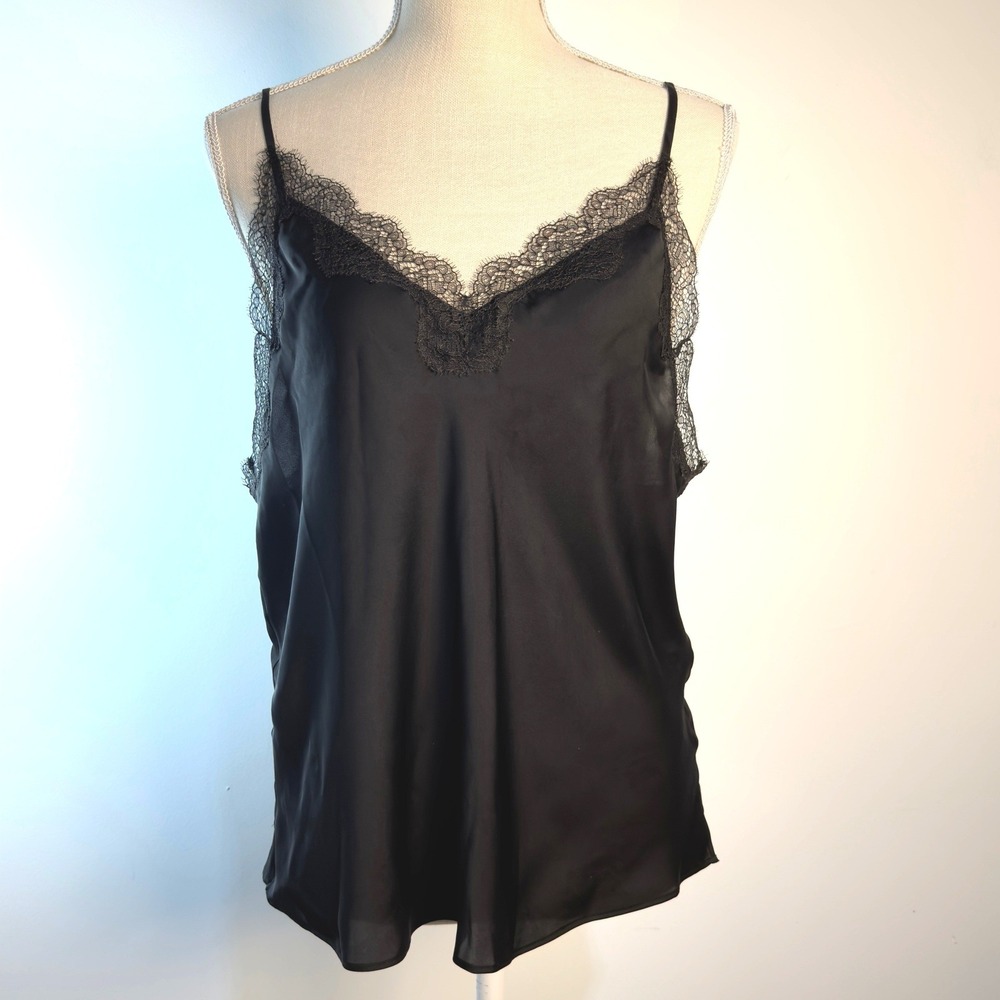 Victorias Secret Black Satin Lace Trim Camisole Top Adjustable Straps Large
